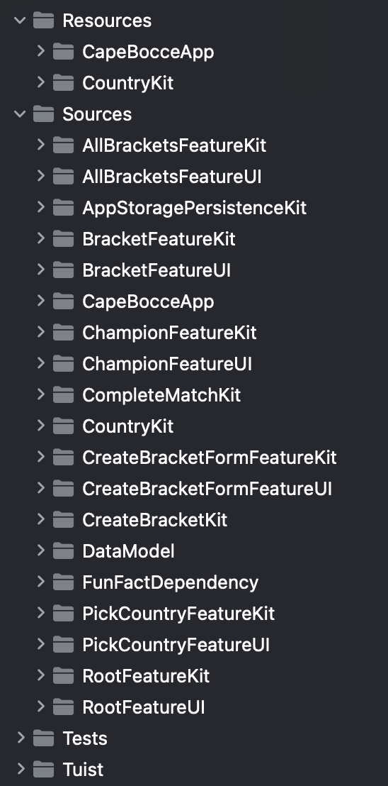 An image of the CapeBocce directory structure, where each folder is a separate module.